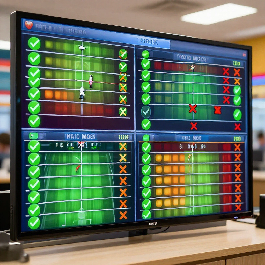 digital screen displaying multiple sports matches split into colorful parlay combinations with green checkmarks on winning subsets and red crosses on losses in a bright betting shop atmosphere