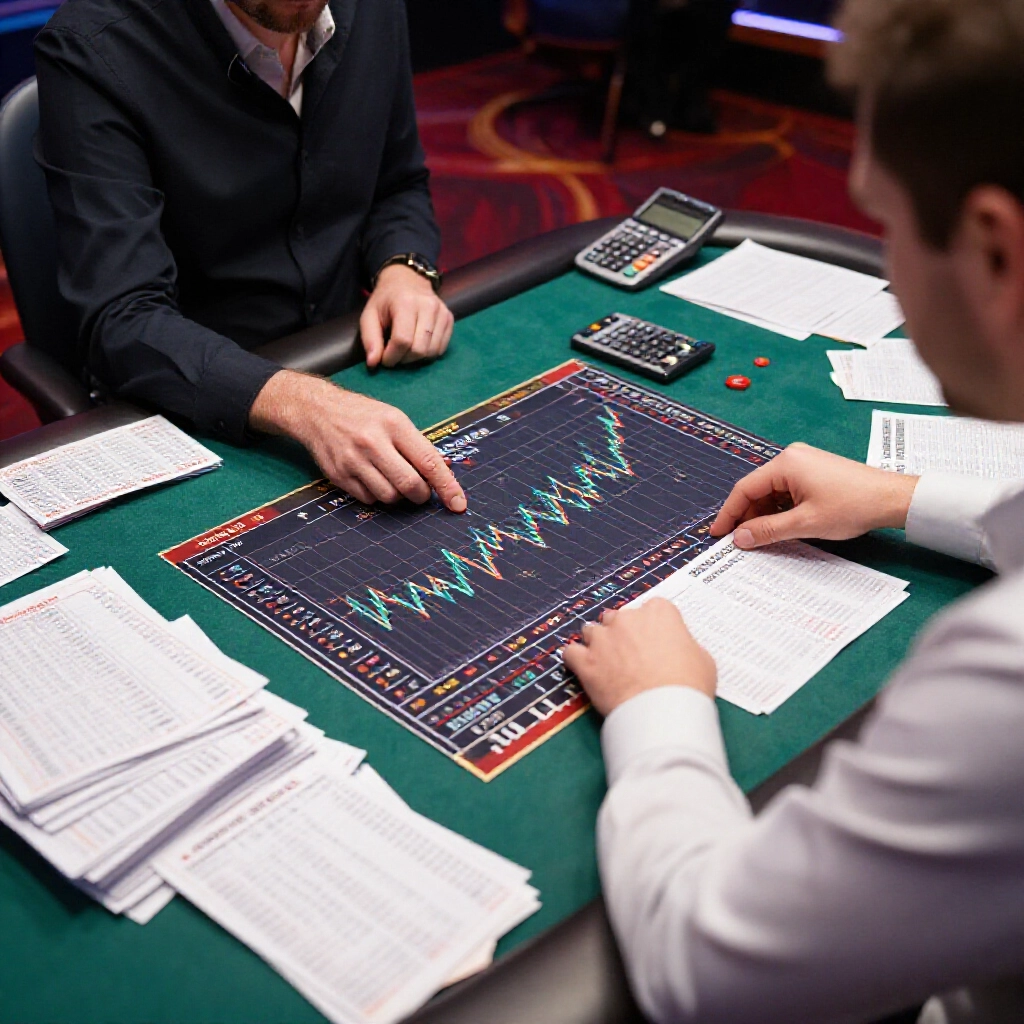 professional gambler at desk reviewing trend charts and high multiplier odds graphs for triple star bets surrounded by stacks of betting slips and calculators in a dimly lit strategy room