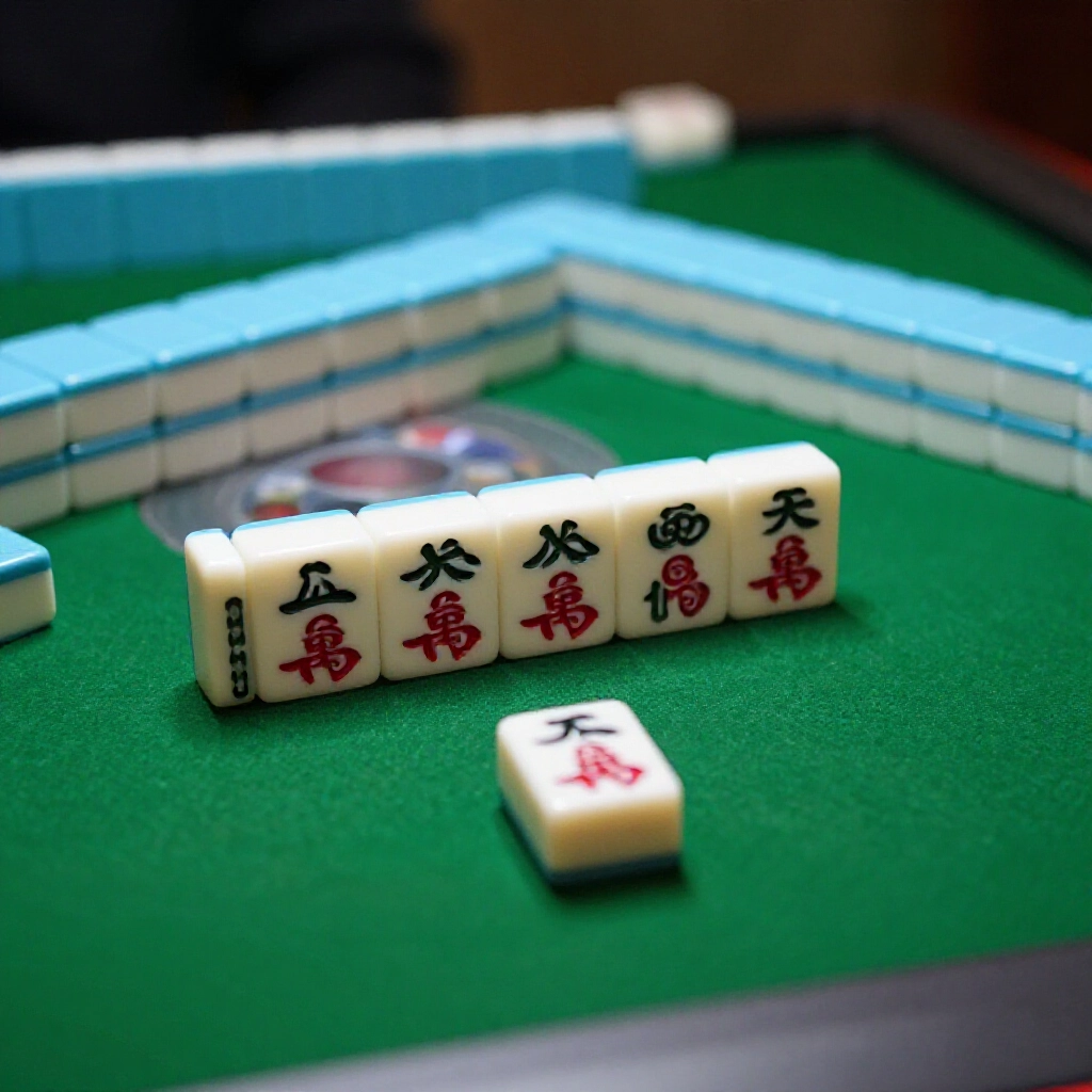 麻將牌架近拍，五組刻子已成，只剩單吊等眼，綠氈桌緊張氛圍，昏暗燈光聚焦單張牌
