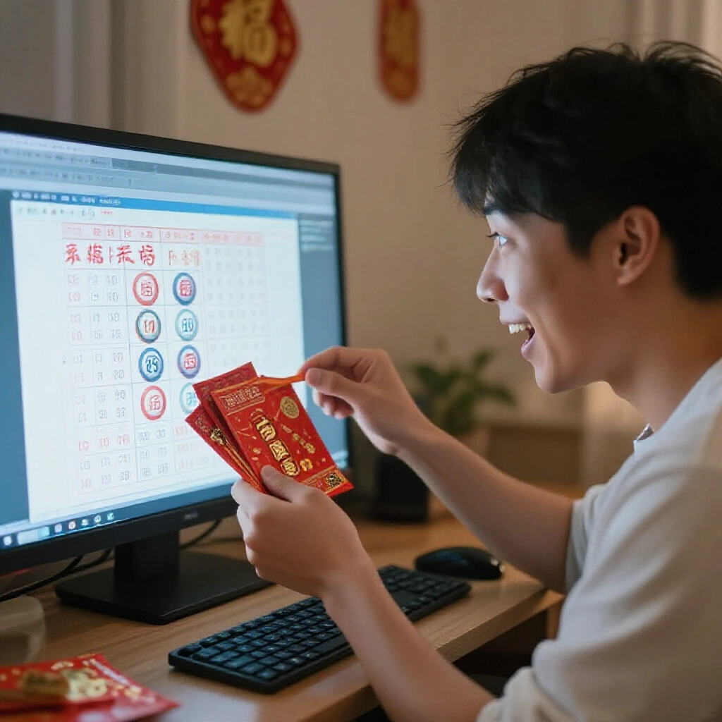 人興奮對照彩票與螢幕號碼,中六球百萬紅包,溫馨台灣家裡晚間柔光