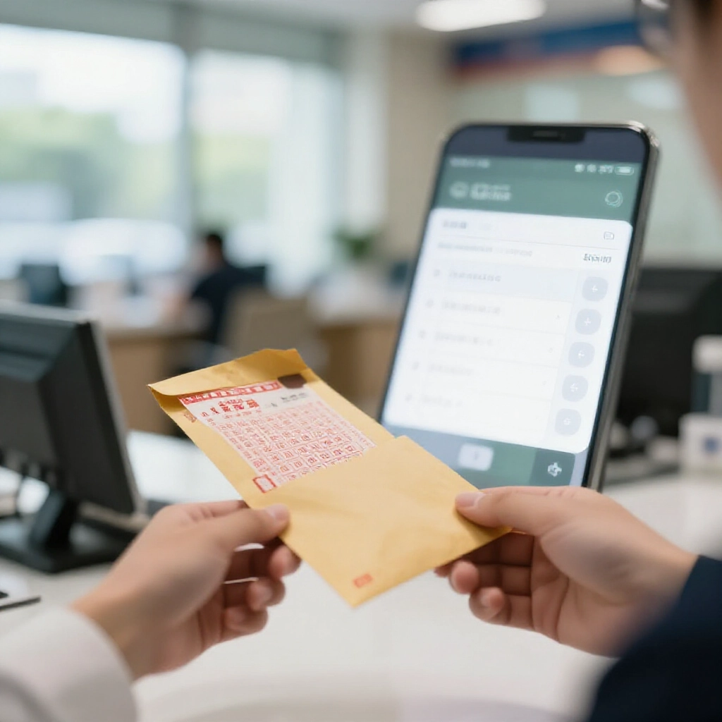 玩家在台灣銀行櫃檯領取今彩539中獎現金信封,背景有稅務計算,窗外自然光灑入