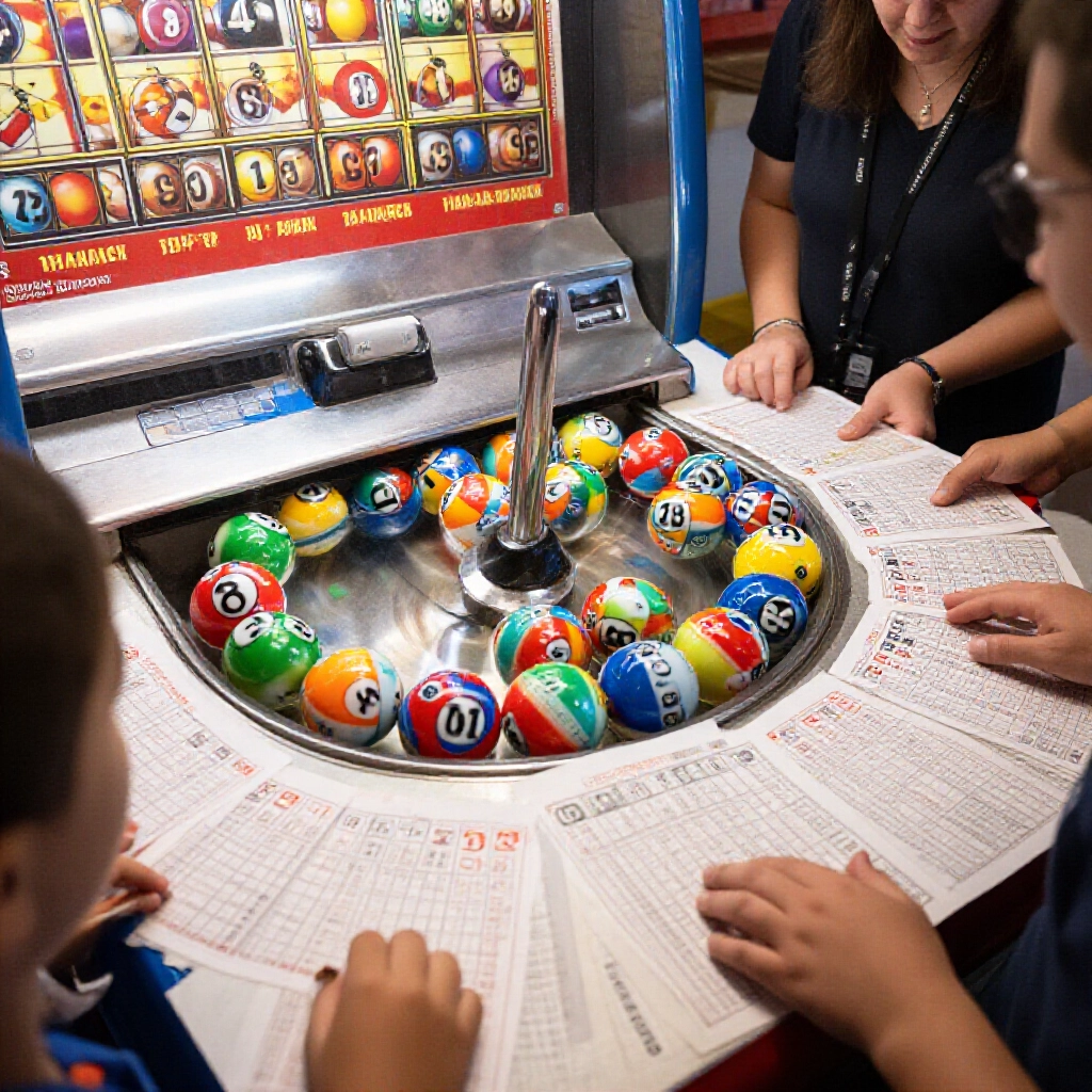 colorful lottery balls numbered one to thirty nine spinning in a sunny california lottery drawing machine with players excitedly circling three matching numbers on paper tickets