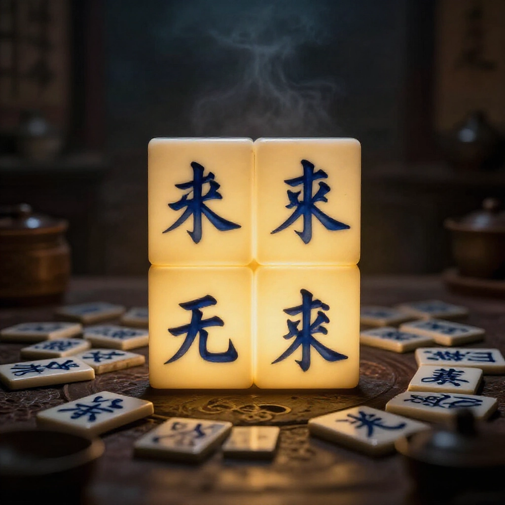 Mysterious supreme treasure combination of Ding San one-two and Er Si two-four tiles glowing victoriously amidst scattered military tiles in dimly lit smoky teahouse evoking tension and triumph