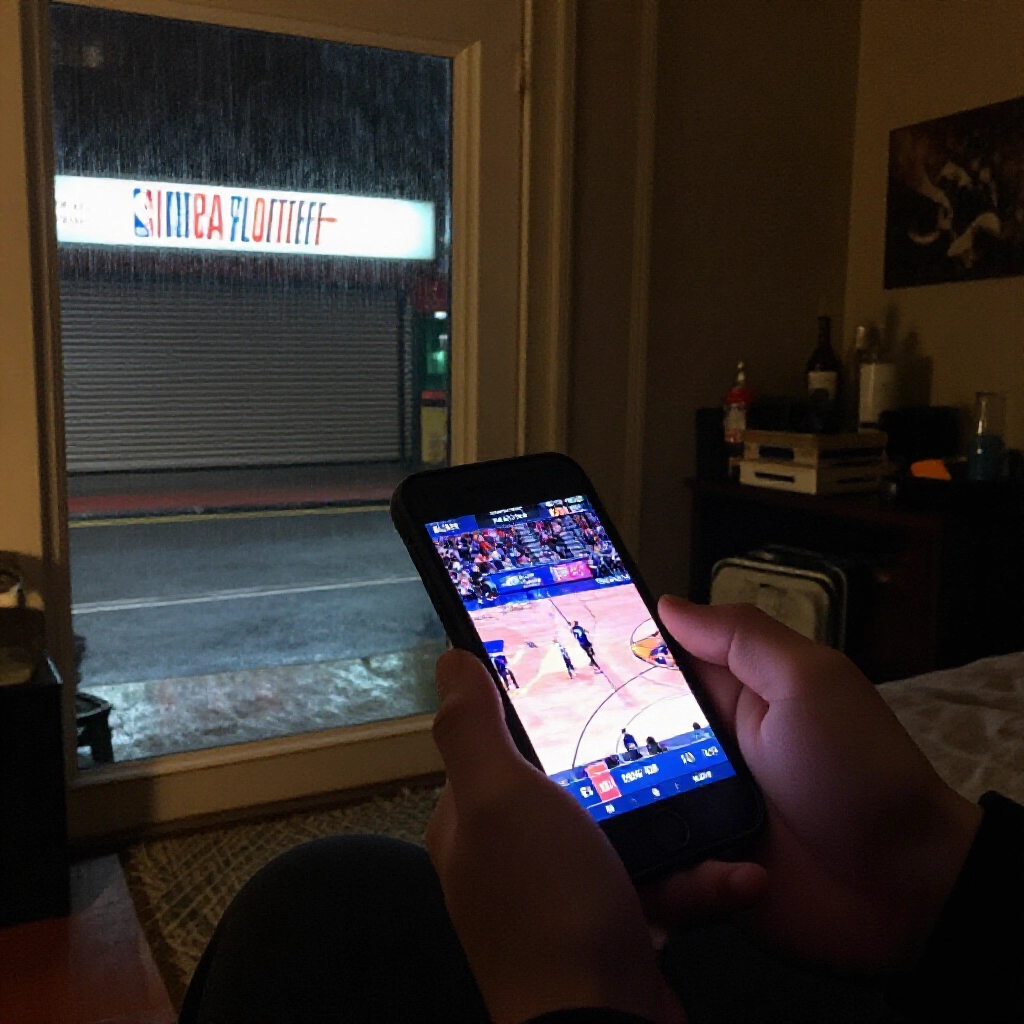 深夜臥室裡,有人握著手機投注 NBA 季後賽,窗外雨夜街頭彩券行已關門,螢幕光芒襯托舒適氛圍