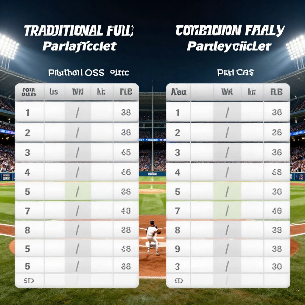 side by side comparison chart showing traditional full parlay ticket failing due to one loss versus combination parlay succeeding with partial wins on a baseball game night under stadium lights