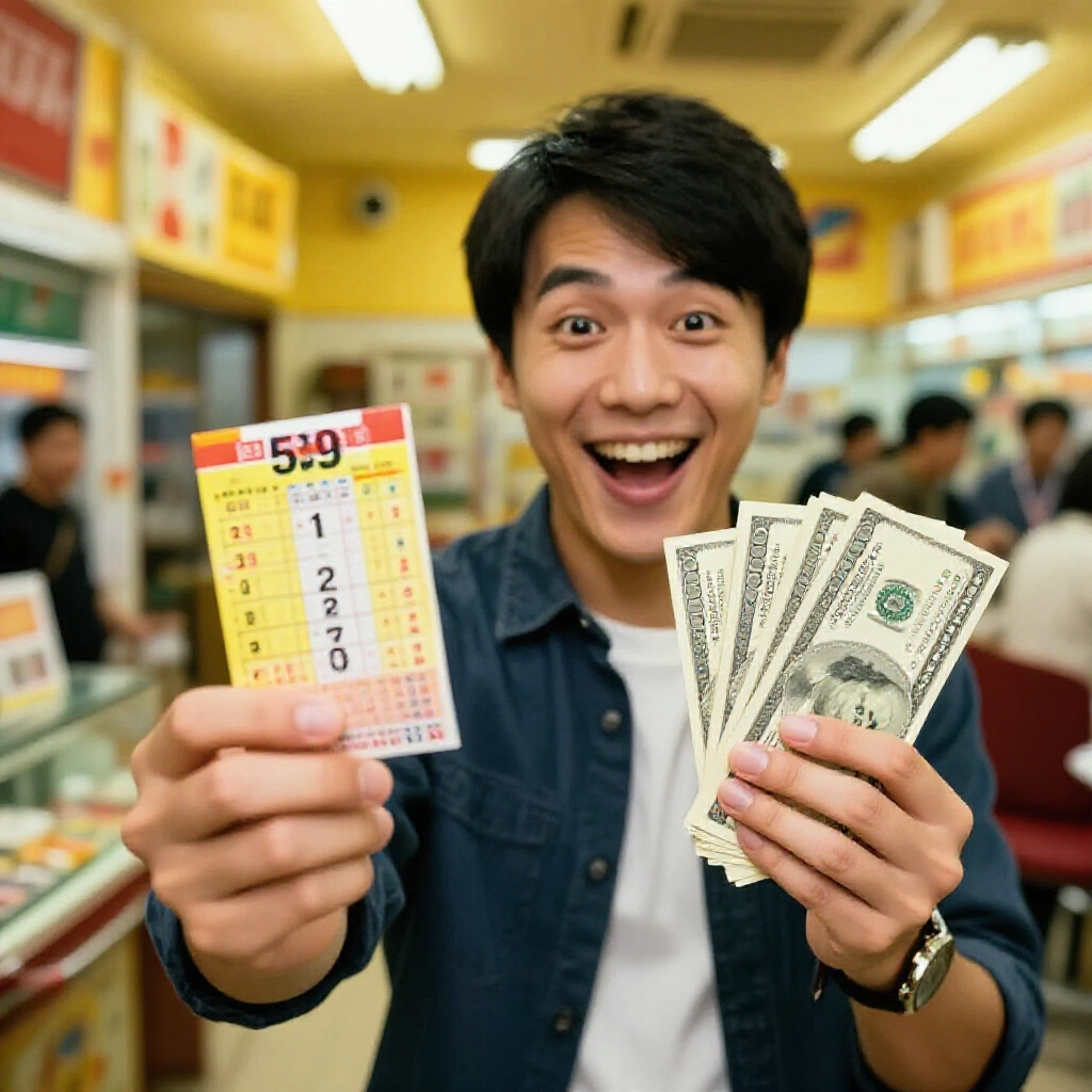 台灣玩家興奮笑著拿著顯示中3碼的今彩539彩券,旁邊堆著300元鈔票,在熱鬧的投注站黃光下