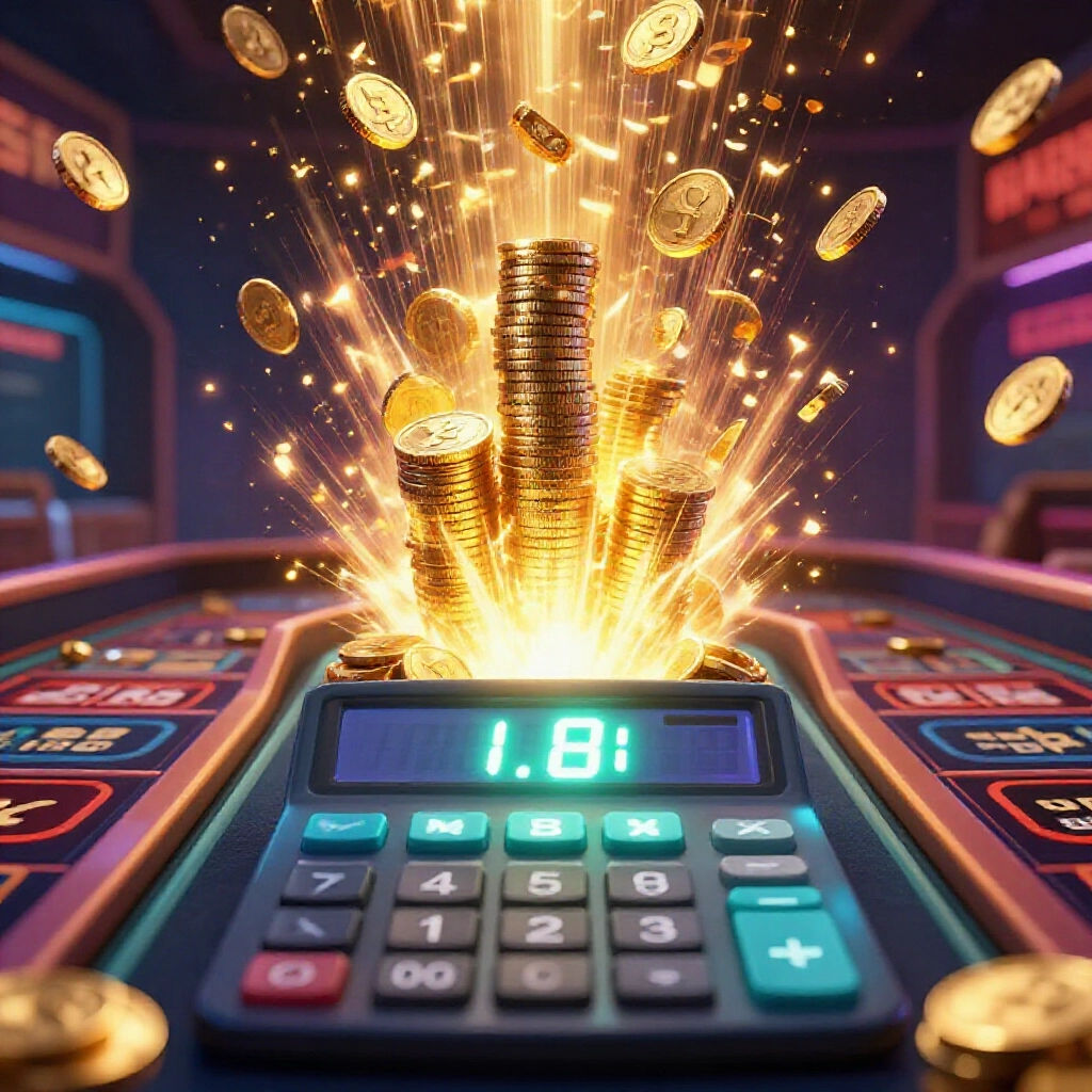 calculator screen glowing with odds multiplication 1.8 x 1.8 x 1.8 equaling explosive payout stacks of gold coins bursting upward in dynamic energy filled betting room