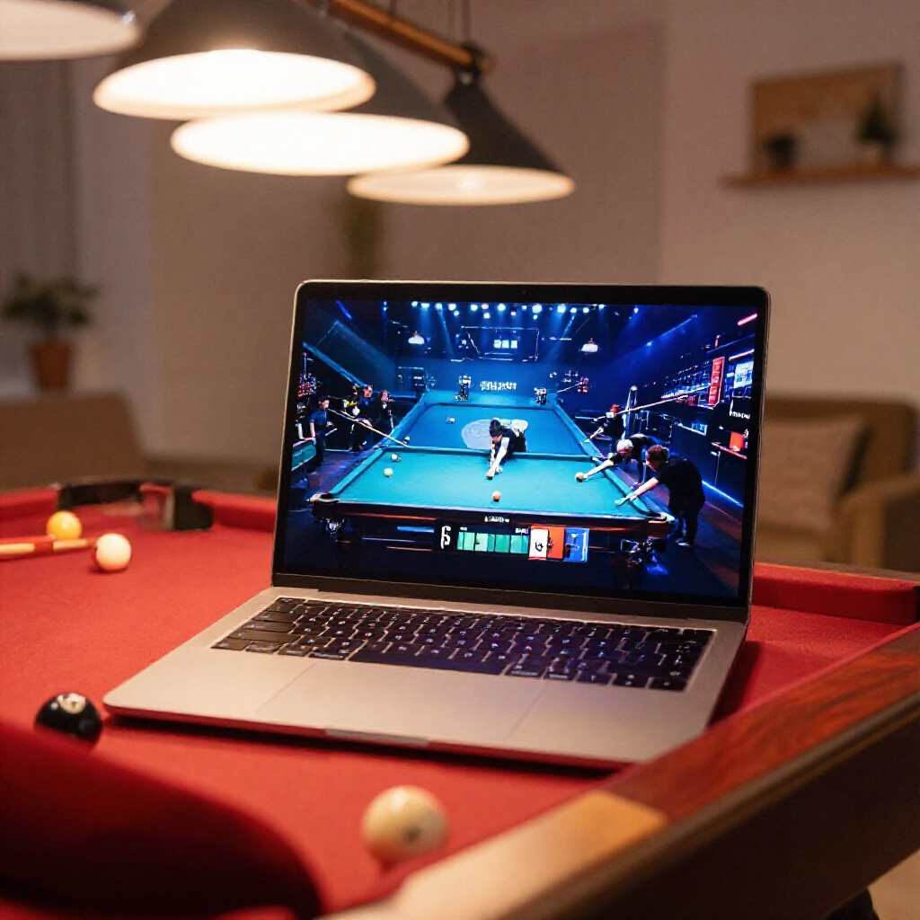 vibrant snooker table with players striking balls under bright arena lights streaming live on laptop screen in cozy home setting