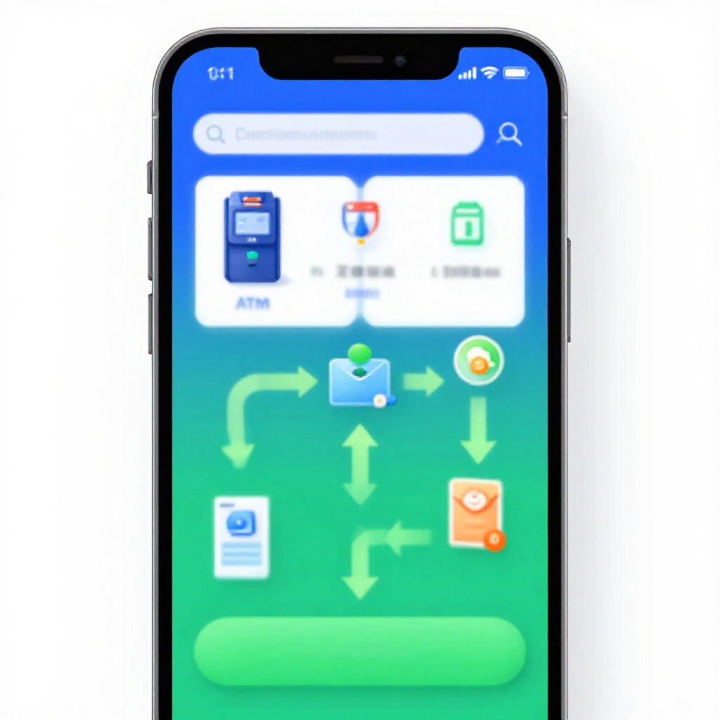 手機App顯示網銀ATM行動支付選項，用於運彩存款，步驟箭頭鮮豔圖示藍綠色調流程圖