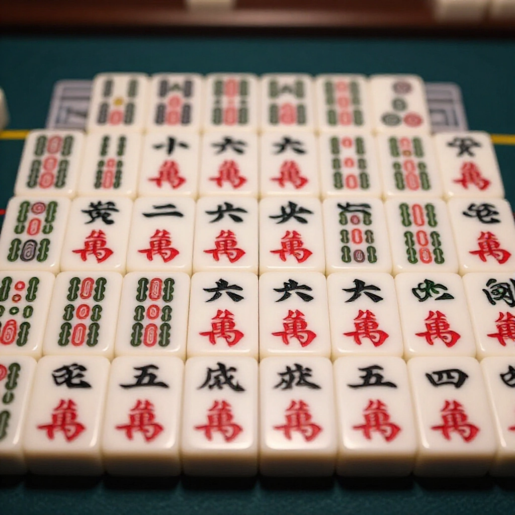 Close up view of pai gow tiles divided into civil and military categories with paired symmetrical civil tiles and asymmetrical military ones arranged for easy identification in dim casino like atmosphere