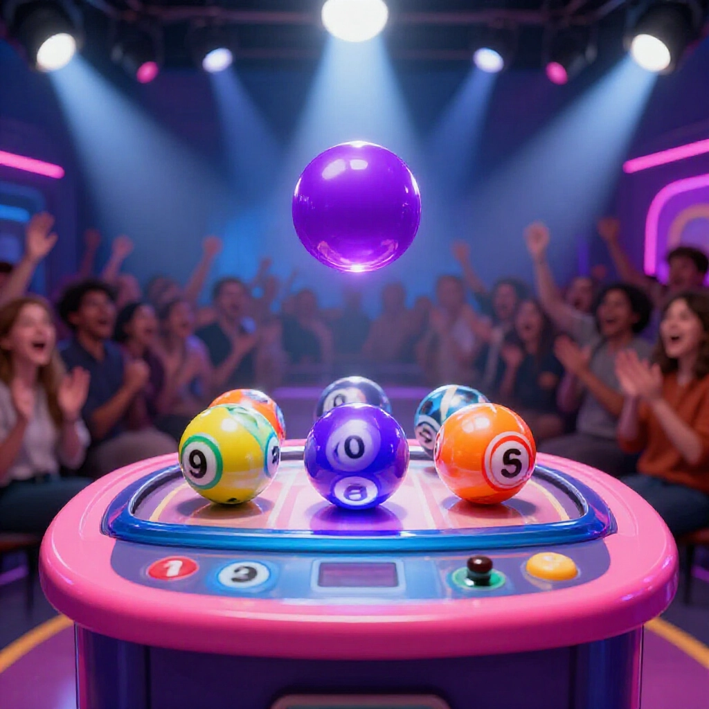 Vibrant lottery drawing machine in studio ejecting six colorful main balls followed by glowing purple special seventh ball surrounded by excited audience under bright spotlights