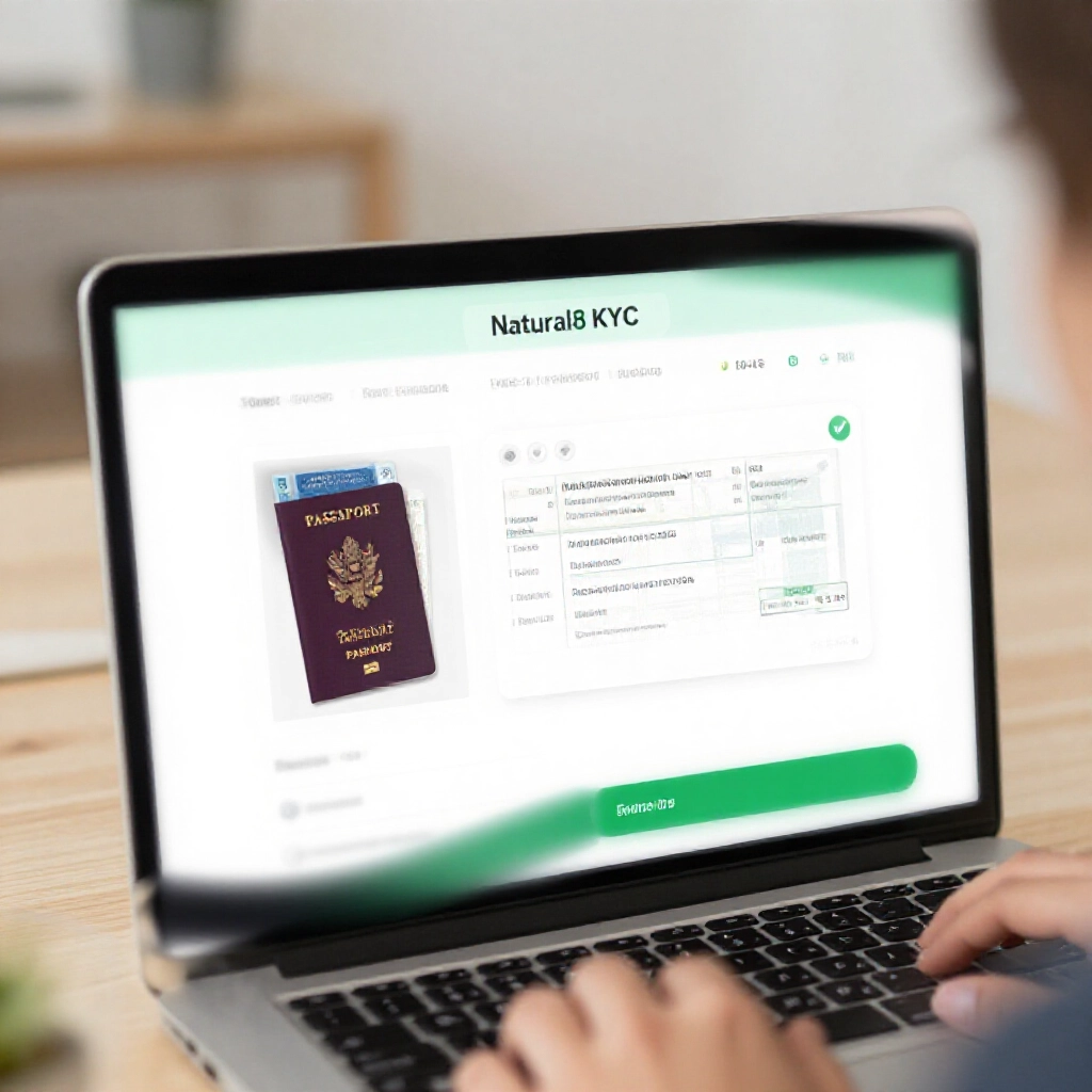 User uploading ID documents and utility bill on Natural8 KYC verification page laptop closeup clear sharp images passport and bill visible secure interface green checkmarks modern home office setting