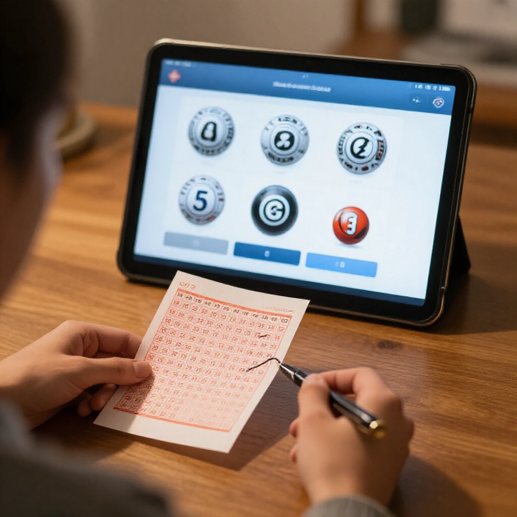 Person at home table holding lottery ticket with pen circling matching numbers on screen displaying six main balls and separate special ball in step by step verification process warm ambient lighting