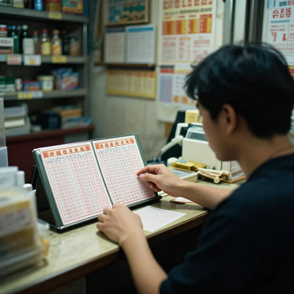 彩票店裡玩家對照四星彩票跟開獎結果，只中兩個號碼沒獎，燈光溫馨卻帶點失望