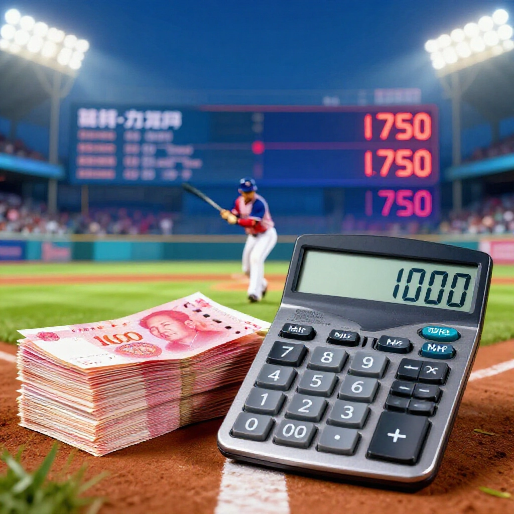 計算機顯示棒球投注1000元乘1.75得1750元，場上全壘打慶祝燈光閃耀