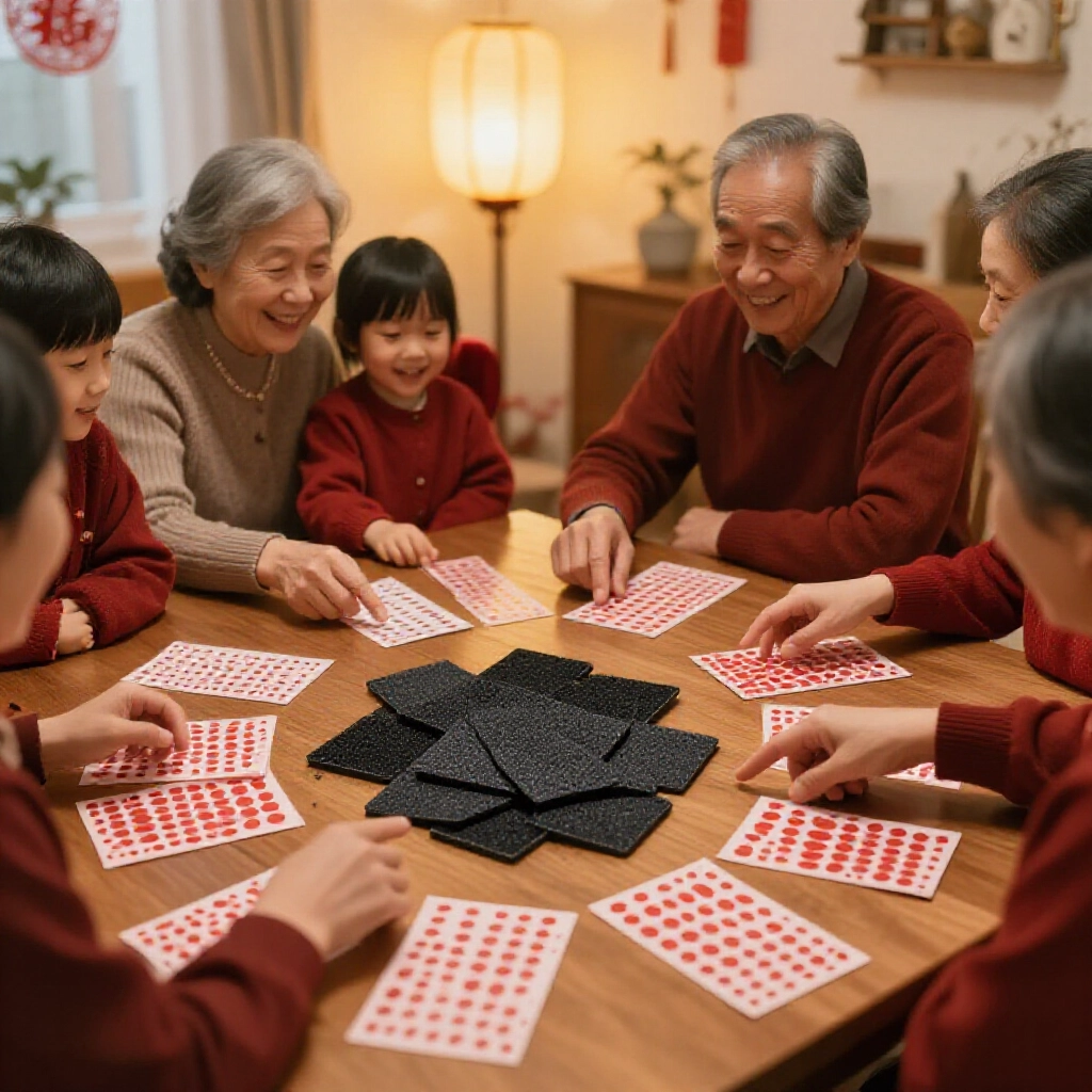 Traditional Taiwanese black particle tiles spread across a wooden table in a warm family gathering during Chinese New Year with elders smiling and pointing at red dotted cards under soft lantern glow