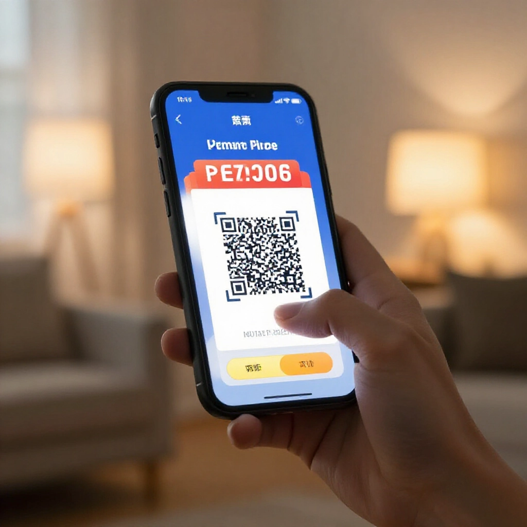 手機掃描彩票 QR 碼,即時跳出中獎結果,客廳燈光下專注操作