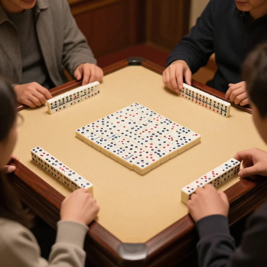 Traditional Taiwanese pai gow game table with 32 black and red dotted domino tiles stacked neatly in the center surrounded by excited players during Lunar New Year gathering under soft warm lighting