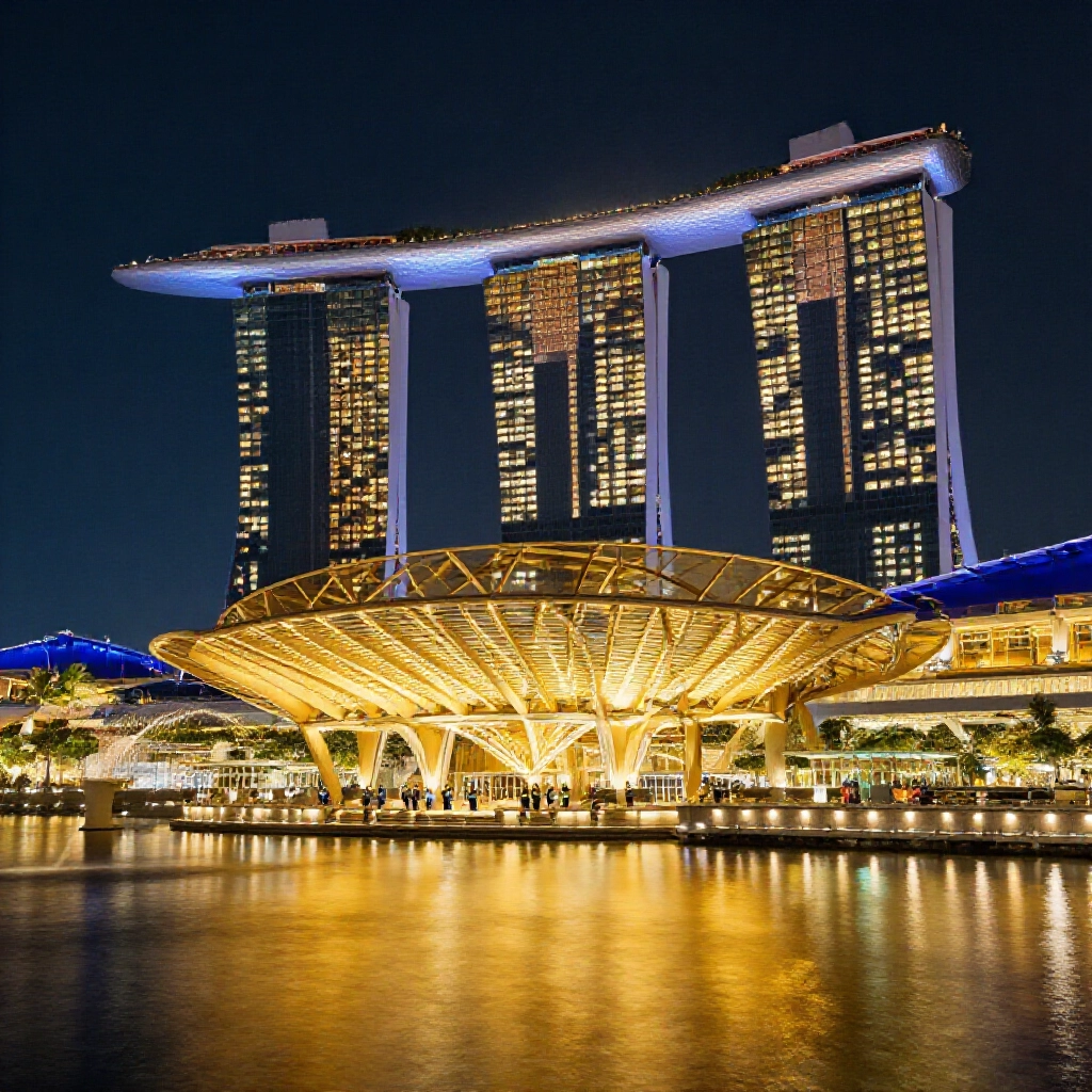 Marina Bay Sands賭場夜晚入口,金光映水,保全歡迎國際遊客,建築優雅氣氛熱鬧