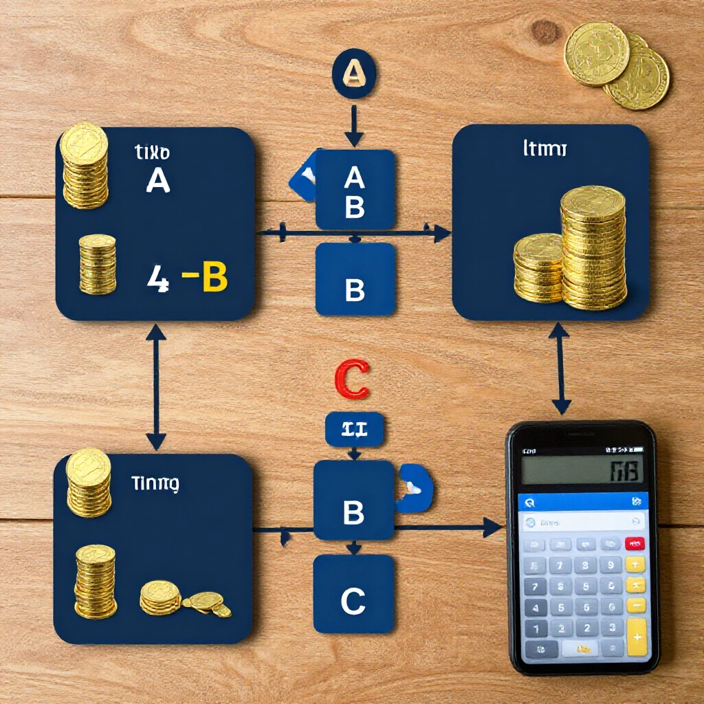 step by step flowchart of three matches A B C forming four combos like A times B two string one with odds multipliers and gold coins stacking up in a calculator interface on wooden desk