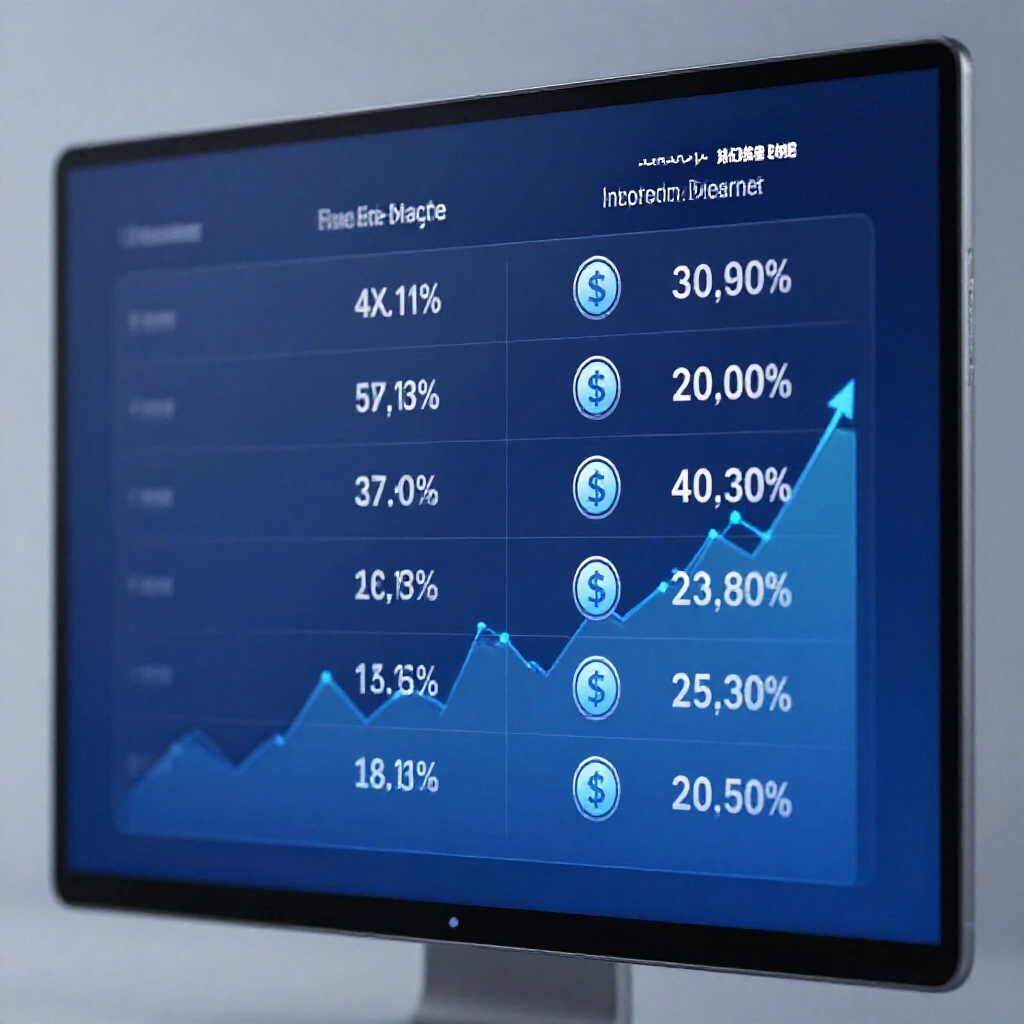 sleek comparison chart on a modern screen showing currency exchange rates between official and merchant columns with Taiwanese dollar icons and rising graphs in cool blue tones