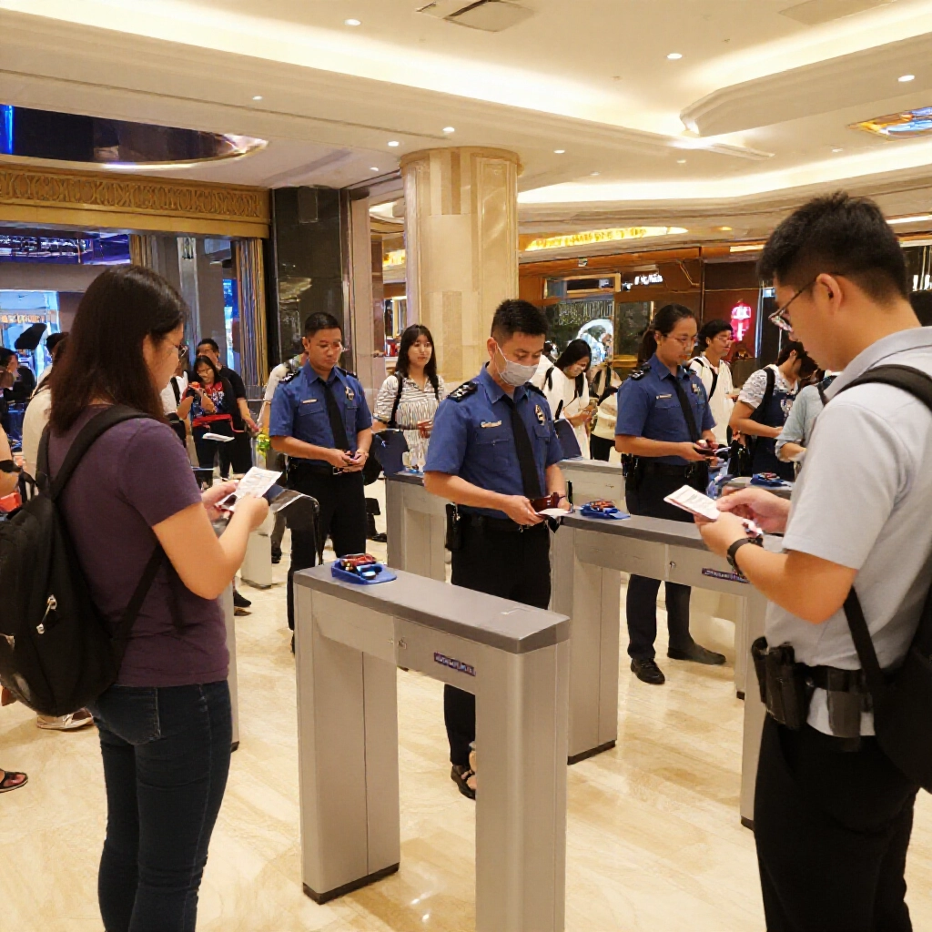 聖淘沙Resorts World Sentosa賭場安檢,守衛查護照ID,多國遊客穿著得體,燈光明亮掃描器現代