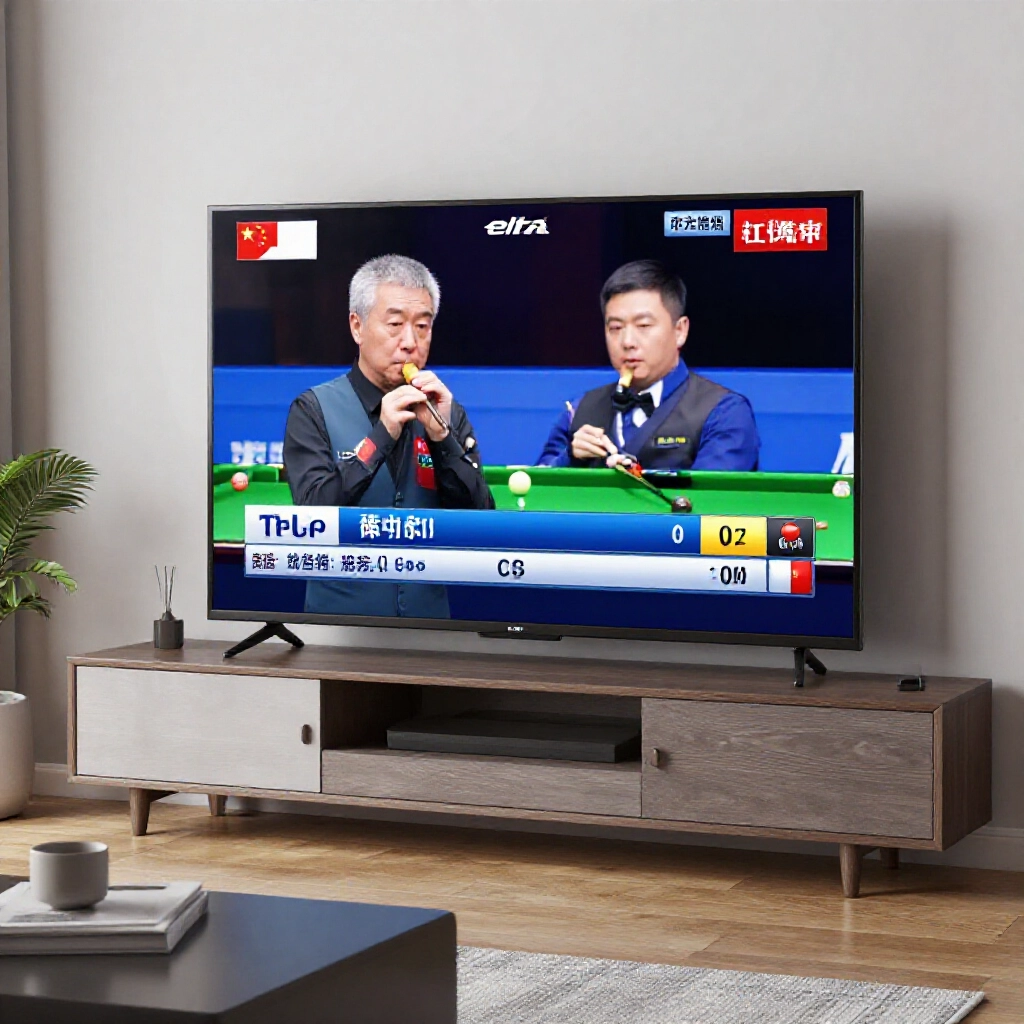 taiwan living room scene with smart tv displaying elta sports snooker live feed professional chinese commentary and score graphics