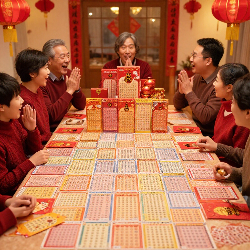 春節餐桌滿是彩色彩票紅包,金色燈籠溫暖燈光,全家興奮圍繞大樂透大獎