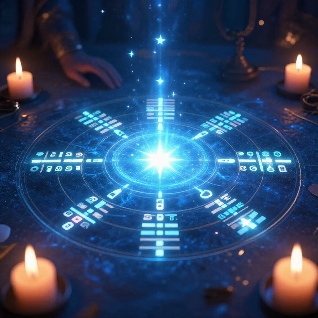 古老八字命盤發光，偏財星閃耀，中國算命師在燭光藍調房間剖析命柱