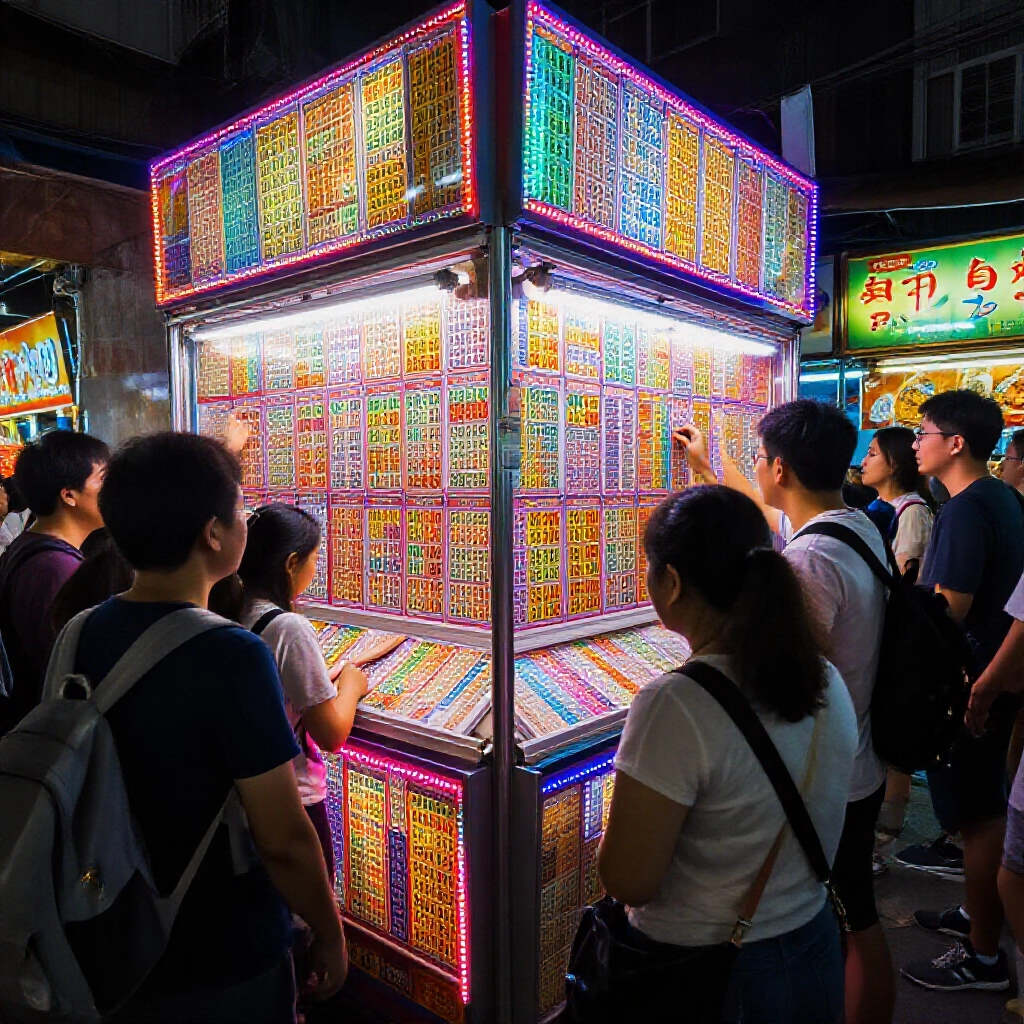 台灣夜市熱鬧的四星彩攤位，燈光閃爍的四位數票從0000到9999，玩家興奮挑選號碼
