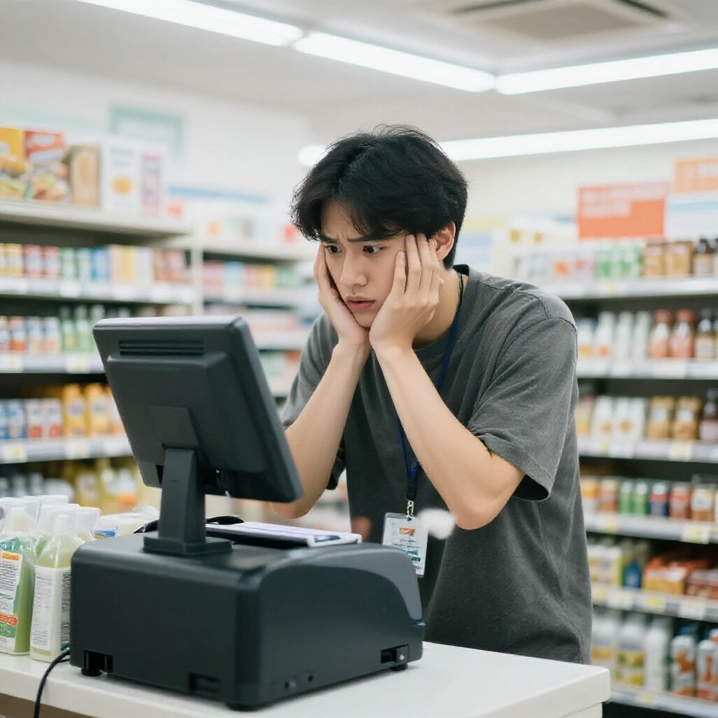 新手在7-11超商機台印儲值代碼，周圍貨架燈光柔和，表情看起來有點緊張
