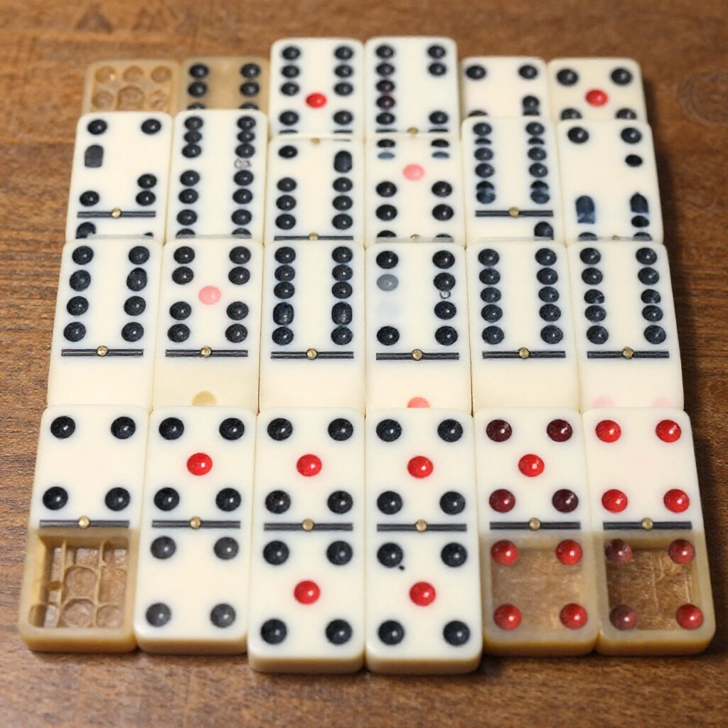Ancient style Chinese domino cards showing symmetrical patterns of black and red dots representing heaven earth and human tiles laid out on wooden surface with subtle cultural motifs in background