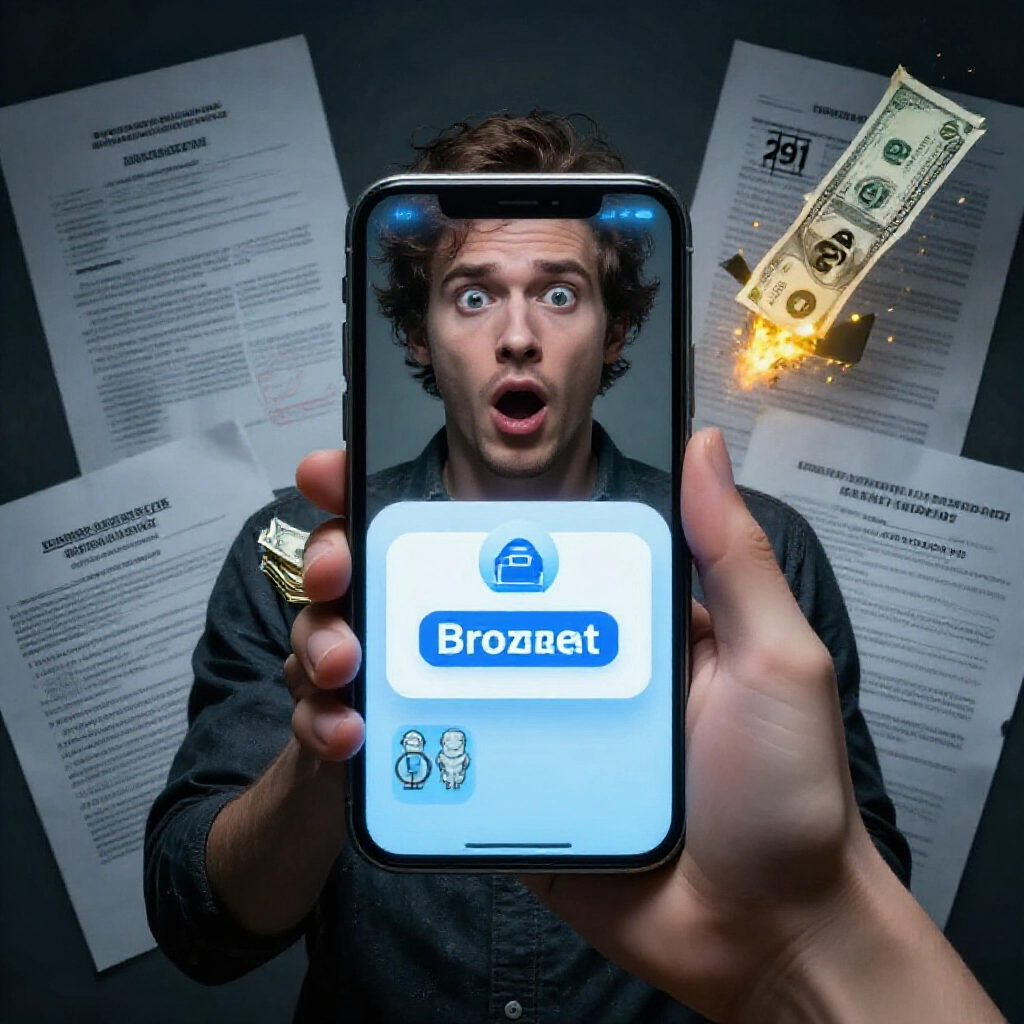 年輕人盯著凍結的銀行App,旁邊堆滿訴訟文件、監獄圖示和爆增債務數字