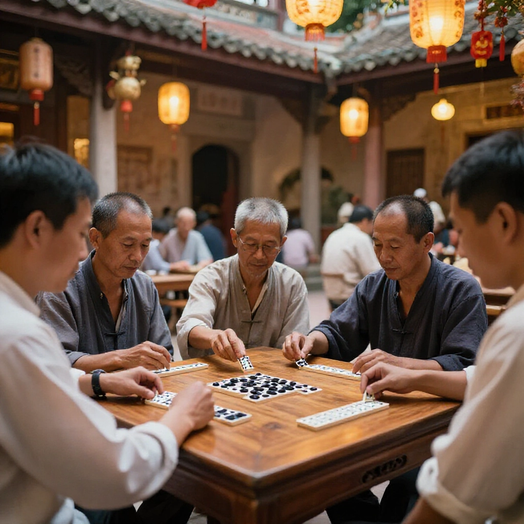 台灣大叔們在廟埕木桌邊玩天九牌,燈籠暖光下表情專注,節慶氛圍濃厚