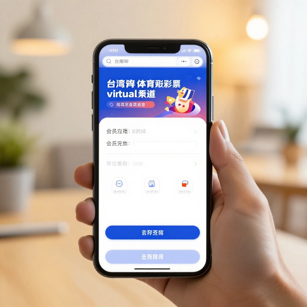 手機畫面顯示台灣運彩虛擬通路登入頁,會員註冊表單與銀行綁定圖示,明亮居家辦公室暖光