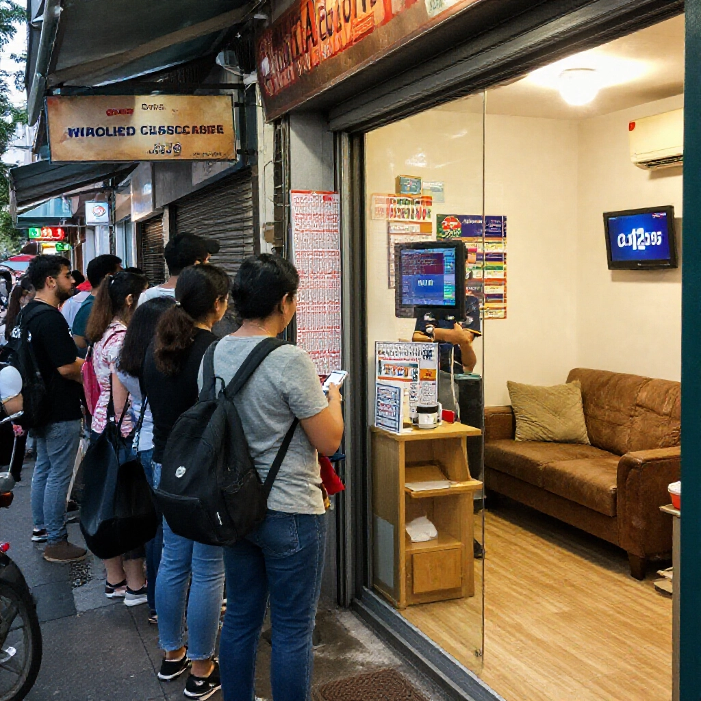 世界棒球經典賽期間,路邊彩票店排長龍等候,對比家裡用手機快速投注的悠閒