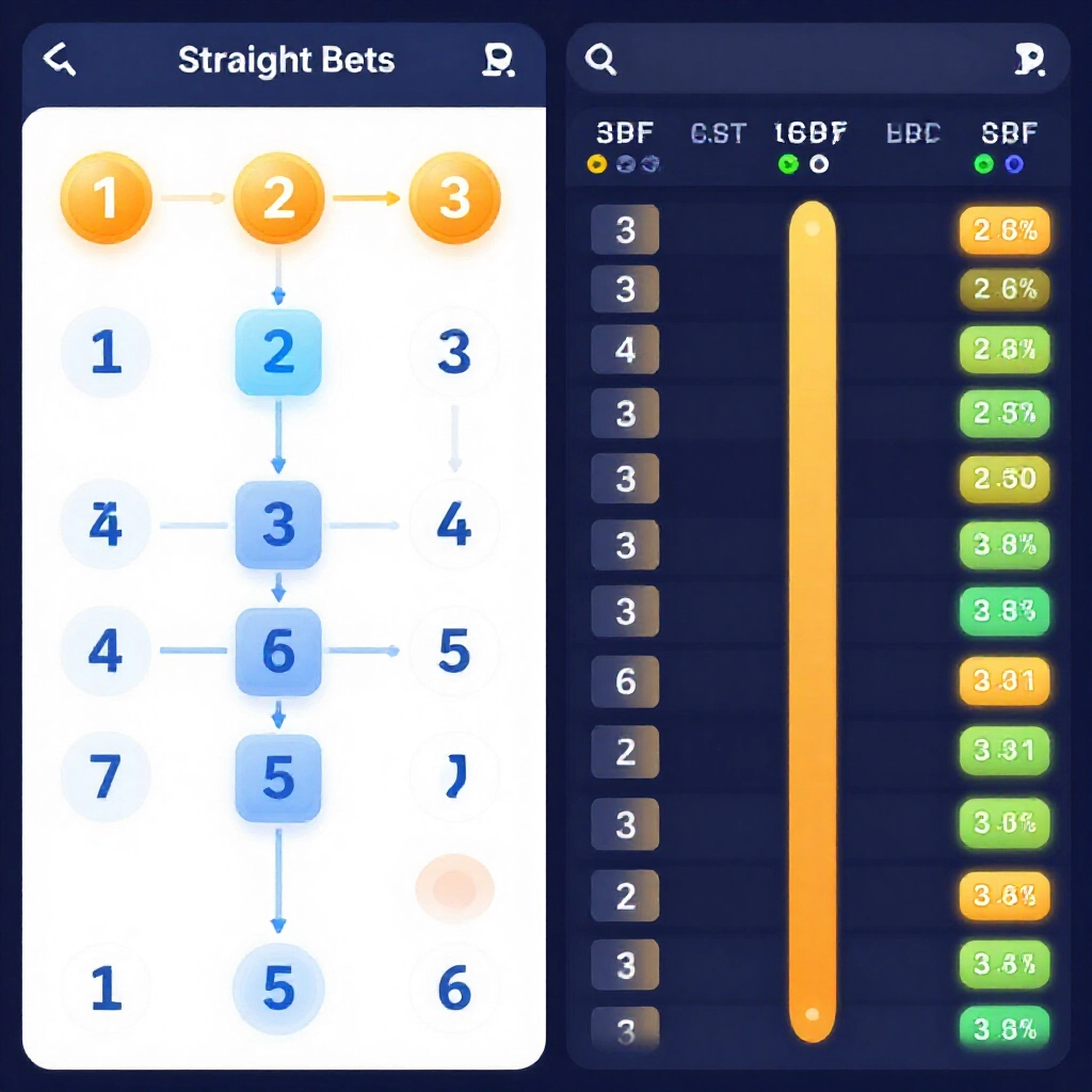 split screen illustration showing connected number combinations on left for straight bets and vertical pillars filtering combos on right with cost calculators overlay in modern betting interface