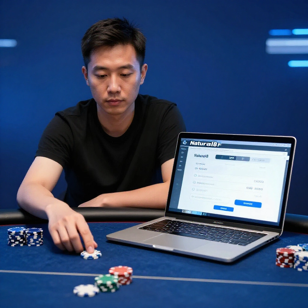 Professional Taiwanese poker player at sleek desk with laptop screen displaying Natural8 wallet USD balance and USDT withdrawal options soft blue lighting poker chips scattered around focused expression
