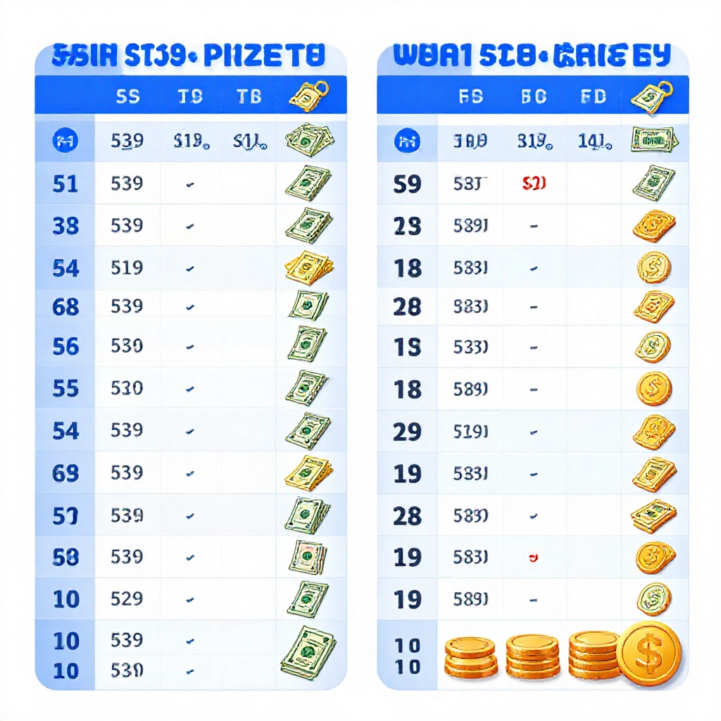 今彩539獎金等級表,從中2碼50元到頭獎800萬,配票券錢幣圖示,藍色調白底設計