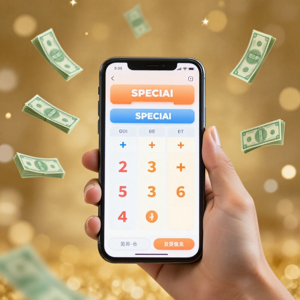 Excited winner checking prize chart on phone showing combinations like two plus special and three plus special with stacks of cash icons floating around in festive golden toned atmosphere