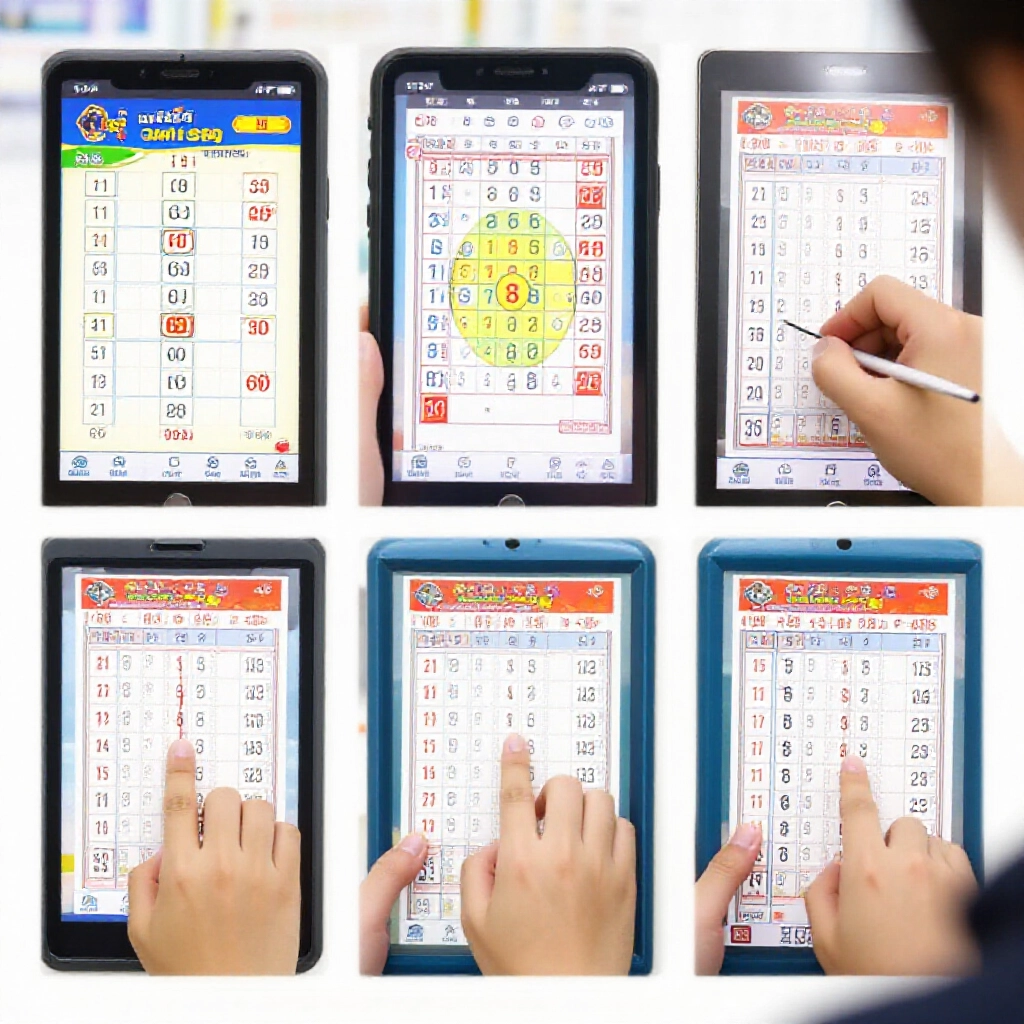玩家手在便利商店彩券櫃檯畫台灣樂透單，從 APP 螢幕抄輪轉組合