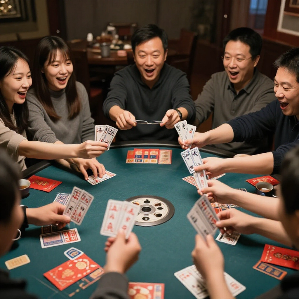 玩家興奮揭至尊牌,丁三一二與二四組合壓倒全場,桌上紅包茶杯,昏黃燈光喜悅氛圍