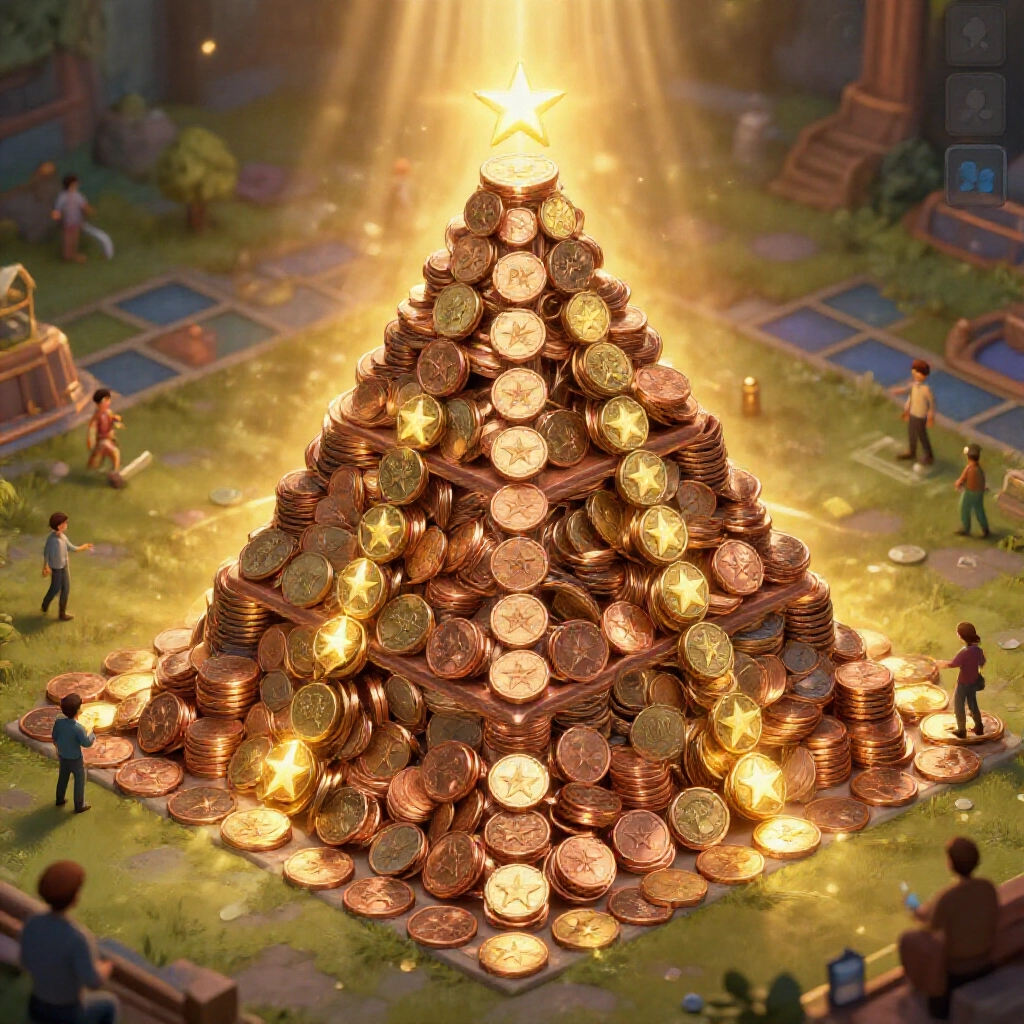 intricate pyramid structure made of copper and PK coins transforming into star coins under golden light with player avatars leveling up in a strategic game economy scene