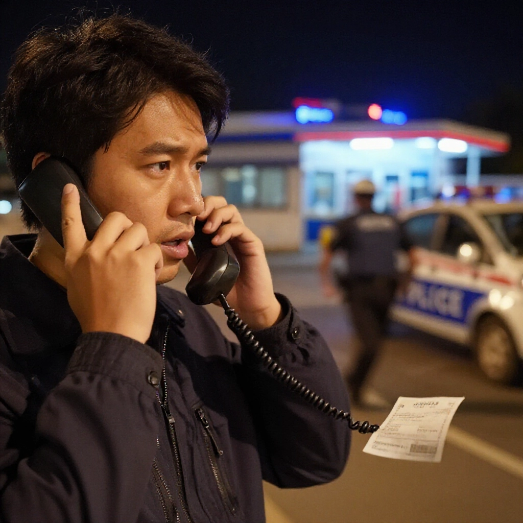 民眾撥打165專線清楚講話，手邊放銀行收據，正趕去警察局，夜間街燈下臉色堅定專注