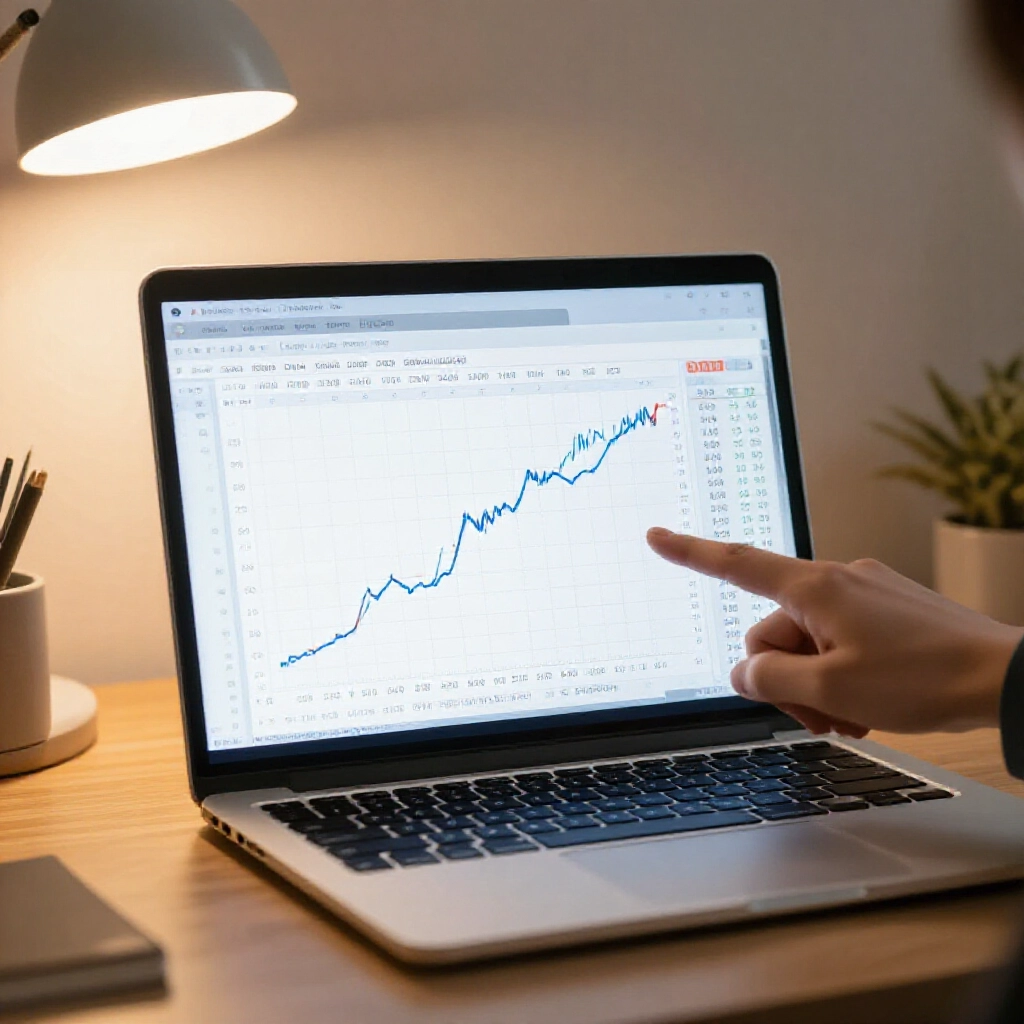 Laptop screen displaying Taiwan lottery trend graphs version road tables and prediction stats user pointing at recent 50 periods data cozy home office warm lamp glow
