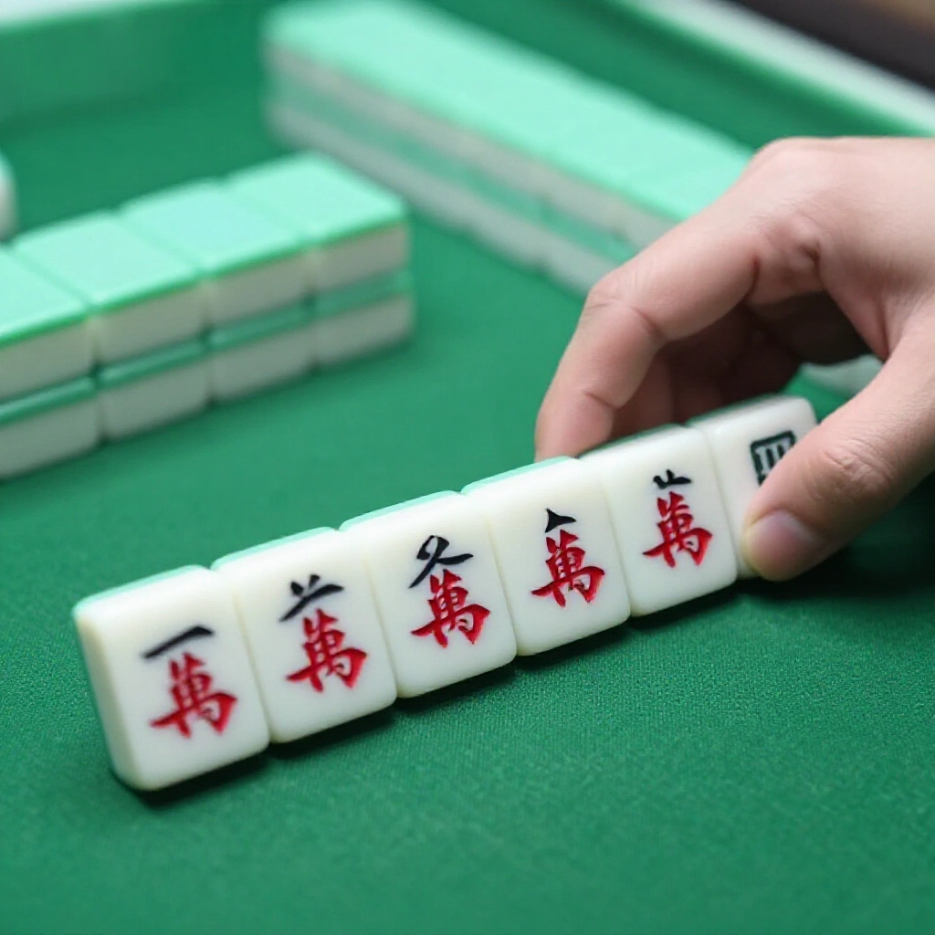 近拍手將吃進的6筒橫置5筒與7筒間,桌燈照亮牌面紋理,示範標準吃牌