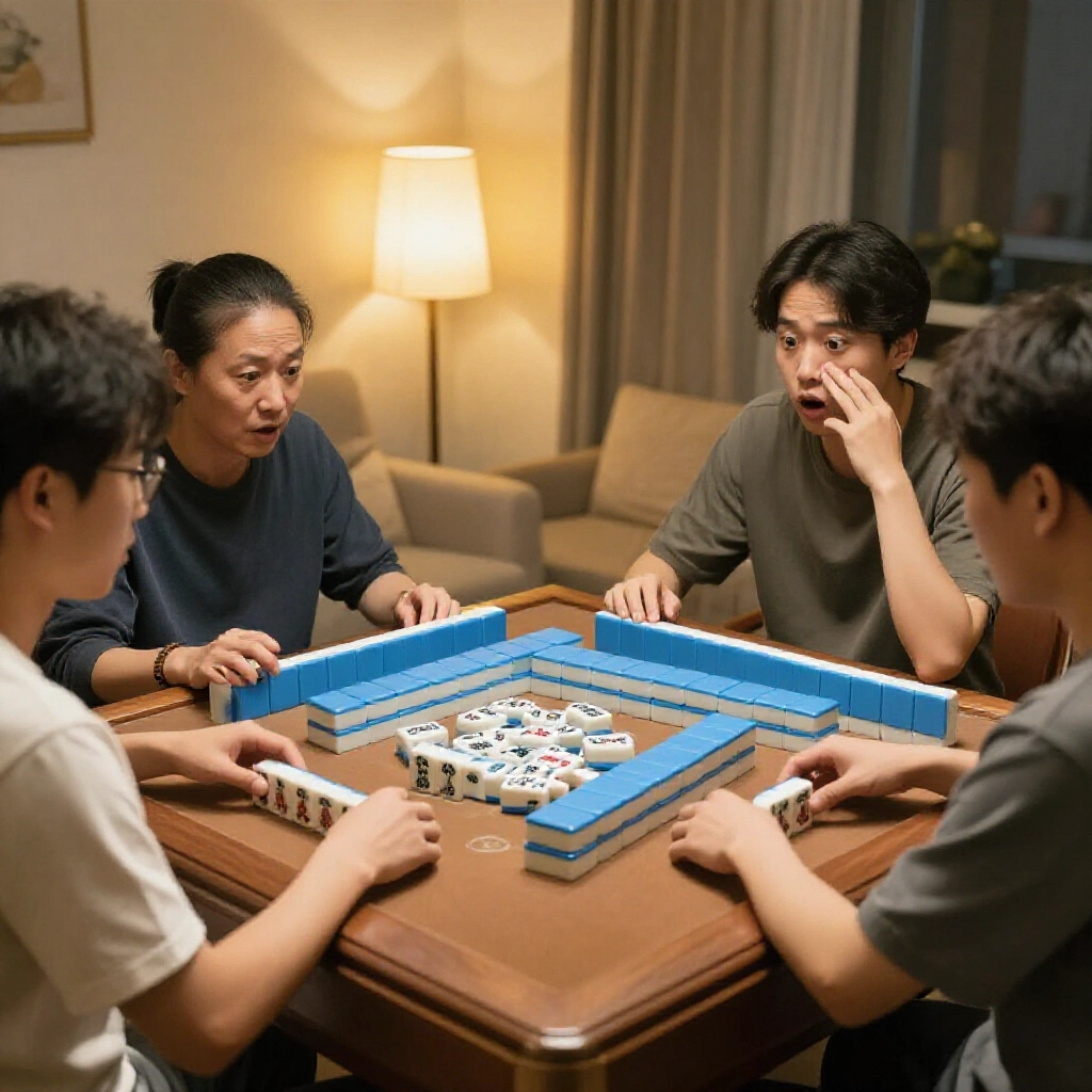 台灣麻將桌前,四位玩家驚訝盯著一人手持十七張牌,溫暖客廳燈光下木桌散落牌張