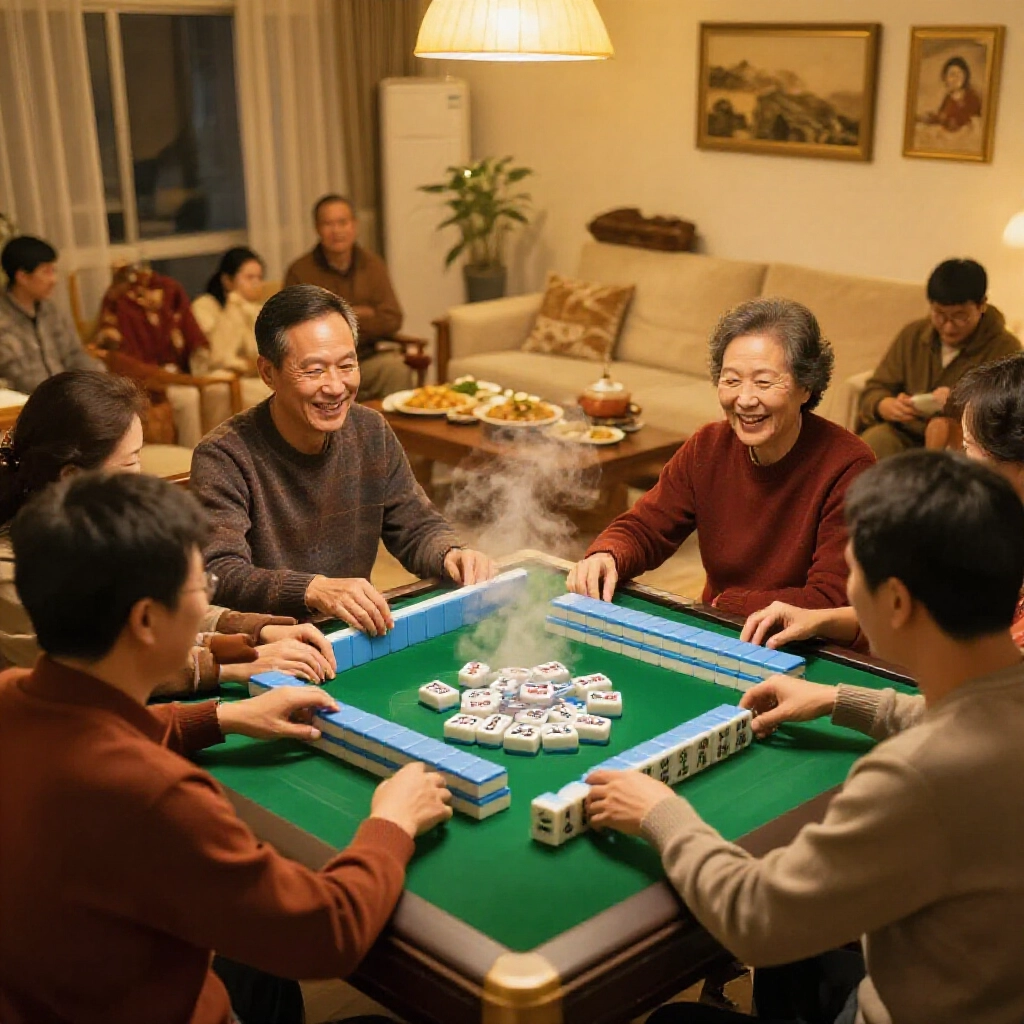 lively taiwanese mahjong gathering in cozy living room during family reunion warm golden lighting steaming food on table excited players chatting around green felt