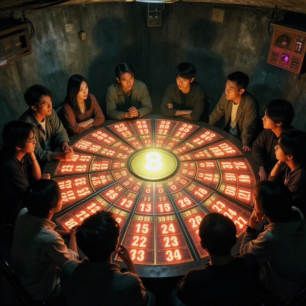 神秘的地下投注場所，四十九個發光的樂透號碼排列成擁擠的圓圈，中央特碼在昏暗霓虹燈下閃耀明亮，緊張的台灣玩家專注前傾，陰影在混凝土牆上遊走