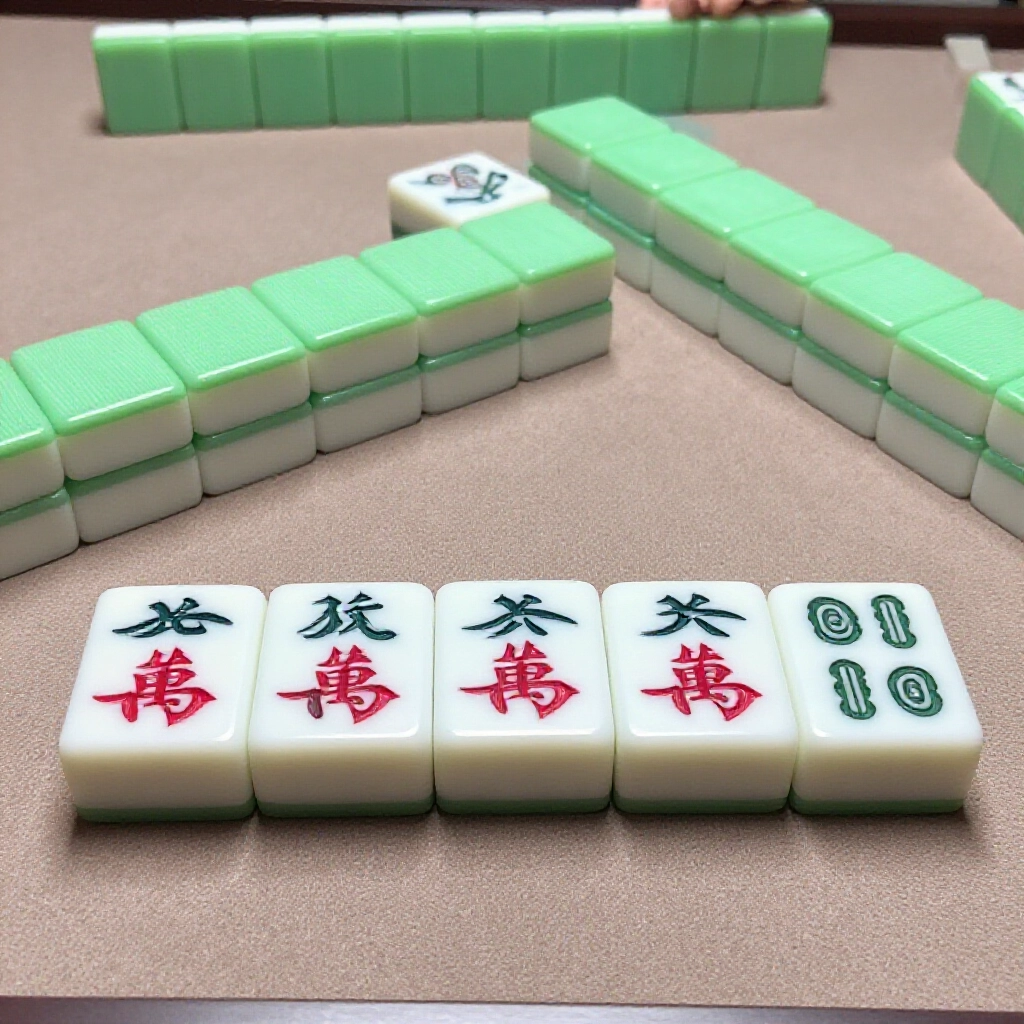 detailed mahjong hand layout showing five sequences of three tiles each plus one pair totaling seventeen tiles crisp lighting on traditional chinese tiles bamboo silk characters
